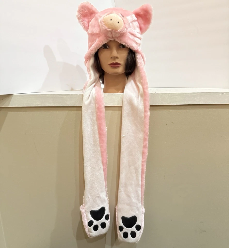 Pink Piggy Plush Hat Scarf Mittens Stuffed Animal Fur Costume Cosplay Halloween - Image 2 of 4