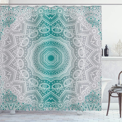 Grey and Teal Shower Curtain, Mandala Ombre Colored Style Geometry Pattern with