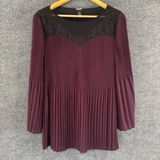 Black Label Chicos Womens Pleated Lace Trim Top Size Large Burgundy Office
