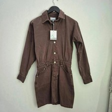 GANNI mini dress denim chocolate brown utility grunge casual long sleeves NWT