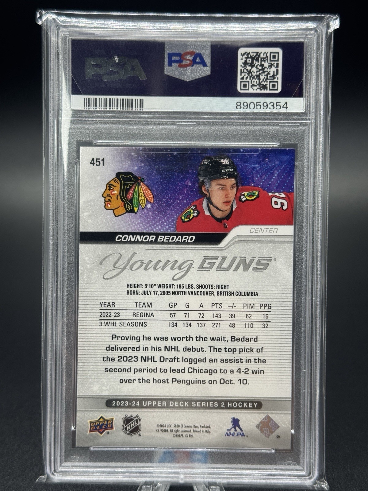 2023-24 Upper Deck Series 2 - Young Guns Connor Bedard #451 (RC) PSA 10 Gem Mint view 2