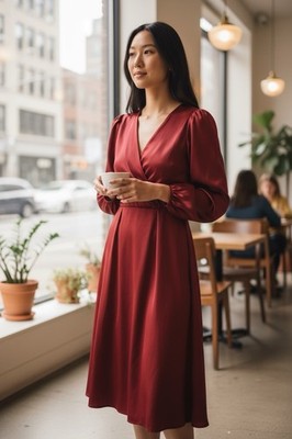 Handmade BISHOP SLEEVE DRESS - CABERNET SATIN Inspired Size M