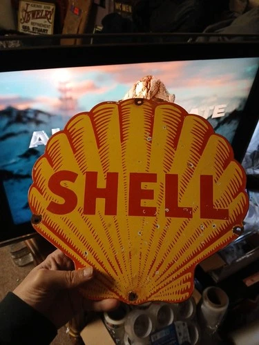 Vintage Shell Gasoline Sign - Clam Shell Porcelain Gas Pump Service Sign