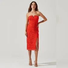 ASTR Orange Lace Cocktail Strapless Midi Dress Sz L Sweetheart Bustier Formal