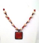 Artisan 925 Sterling Orange Red Carnelian Square Pendant MOP Pebble Necklace — photo 2