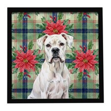 White Boxer Christmas Poinsettas Framed Metal Print WDK8537MFP88