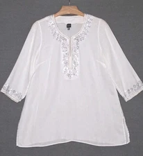 BLUE Saks Fifth Avenue Womens Tunic Blouse Size XL/TG Cloud Dancer Embellished
