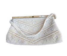VTG 50s Walborg Microbeaded Cream Dressy Clutch Purse W/MotherOf Pearl Frame -EC