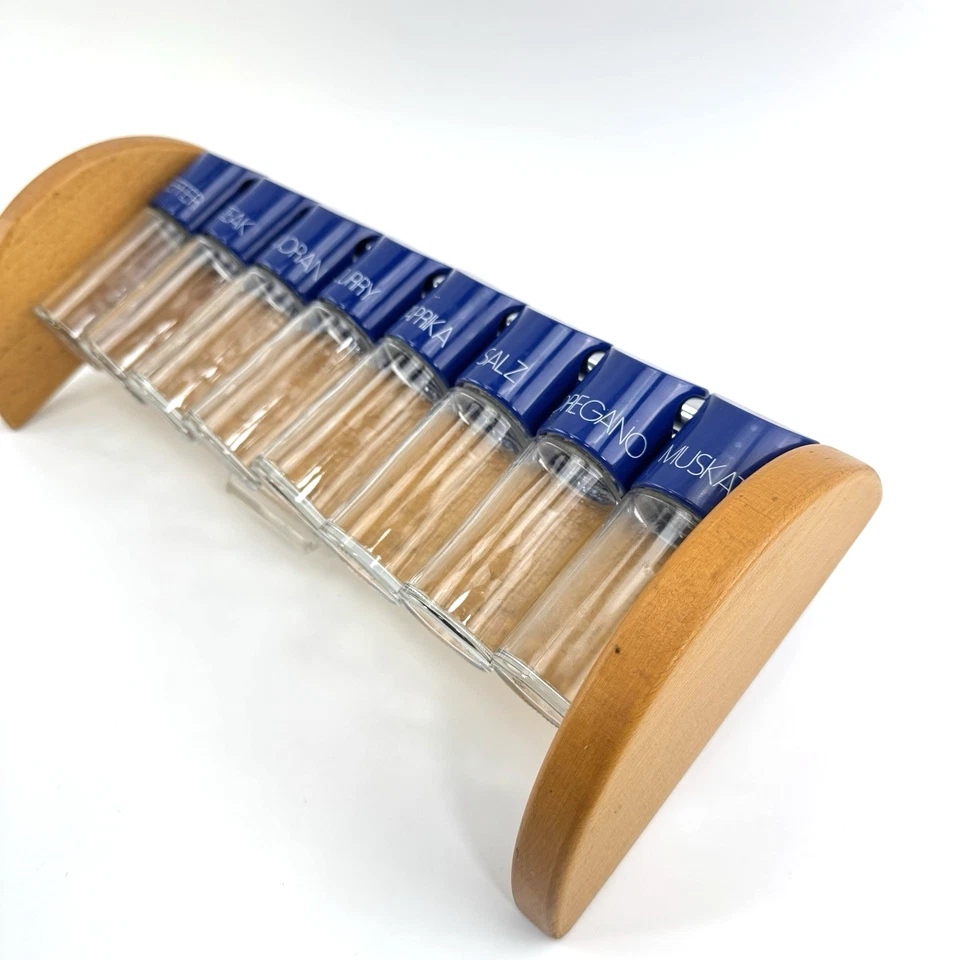 VTG Gewürzregal Holz | 8 Gewürzgläser Blau Glas Küchenregal Wandregal Landhaus - Bild 4 von 4