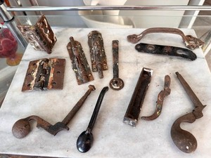 Lot of 12 Vintage Door Hardware Pieces | Hinges, Handles, Architectural Accents