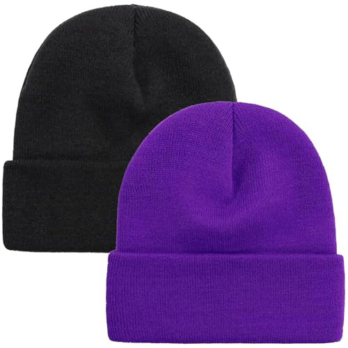 Men Women Winter Cuffed Knit Beanie Skull Cap Black Dark Purple-image