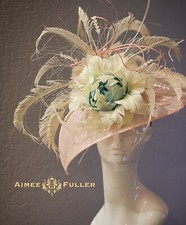 Aimee Fuller Kentucky Derby Fascinator Soft Blue Peach Pink Hat Cream Feathers