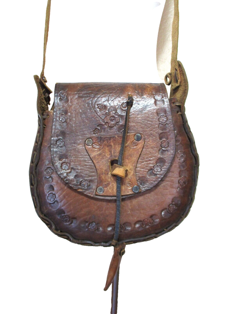 VINTAGE 1960s/70s HIPPIE HAND TOOLED FLORAL LEATHER SHOULDER BAG