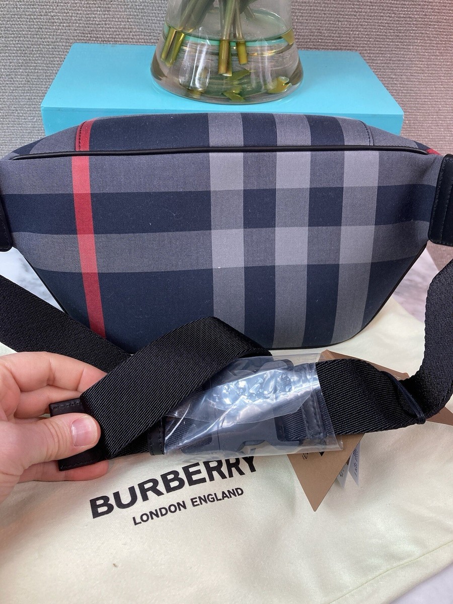 NWT Authentic Burberry Navy Grey IP Check Canvas Sonny Belt Bag