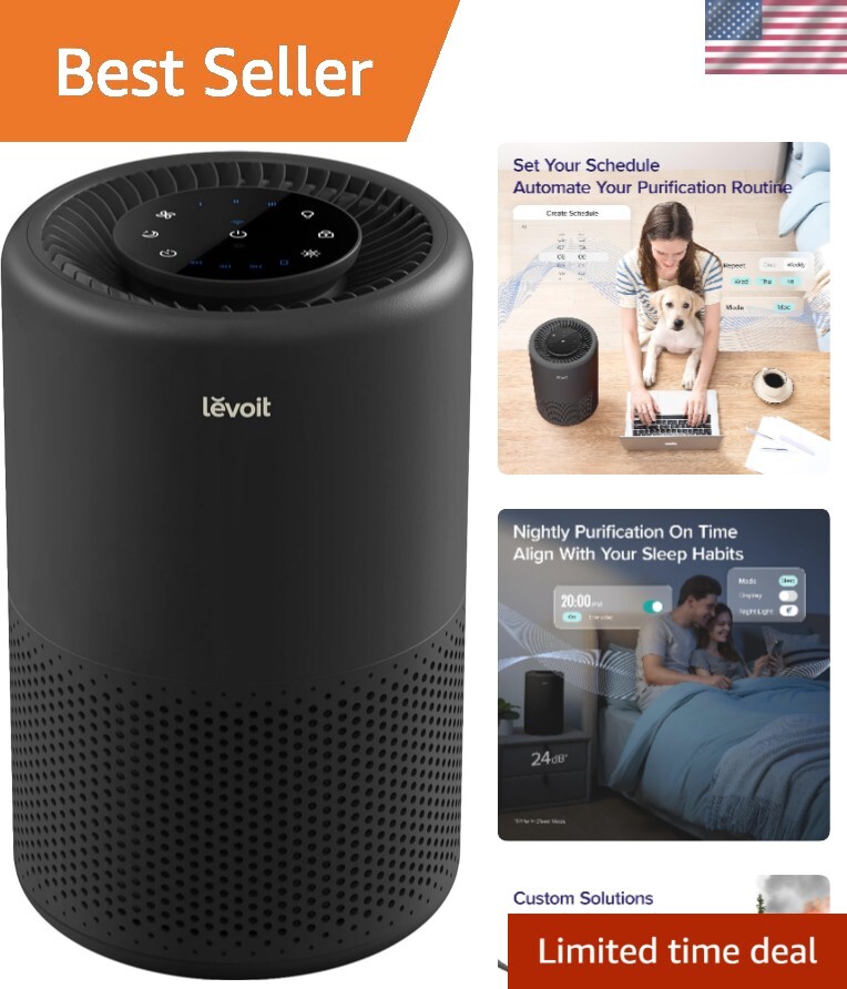 Elegant Black Air Purifier with Smart Features, 3-in-1 Filter, 24dB for Bedrooms