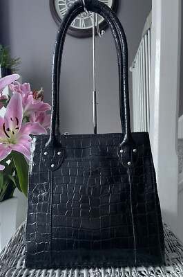 OSPREY London Croc Embossed Black Leather Tote Bag UK