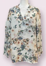 St. Tropez Women's Top Floral Linen Long Sleeve Size XL V-Neck Blouse