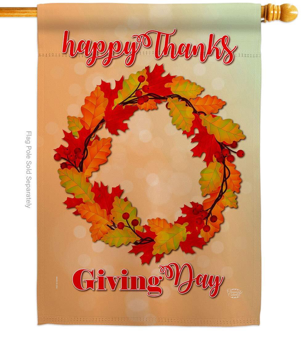 Thanksgiving Fall Turkey Pumpkin Wreath House Flag with Give Thanks Gobble Design