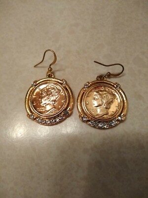 Gold vermeil  Vintag Silver Mercury Dime Earrings With Rhinestones
