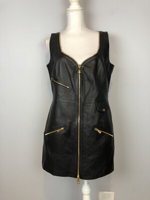VERSACE Leather mini Dress full zip sleeveless black Size 48