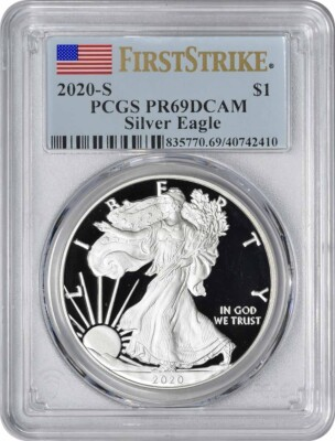 #ad #ad 2020 S $1 American Silver Eagle PR69DCAM First Strike PCGS $105.00