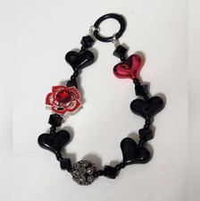 Beaded Keychain Phone Chain Black Hearts Red Flower Accent Rhinestone Valentine