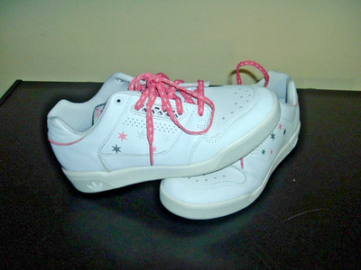 Girls Adidas Slamcourt White with Pink and Silver Stars Peach Laces 6 1/2