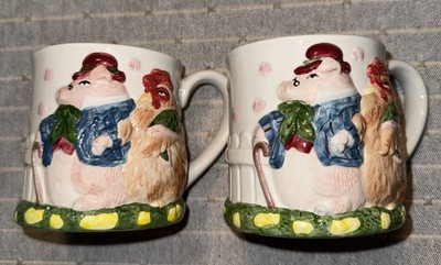 2 Vintage Fitz & Floyd  Bacon & Eggs  Pig & Hen 3D Ceramic Mugs 1987