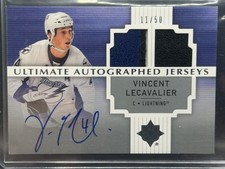 2007-08 Vincent Lecavalier Ultimate Collection GU jersey Auto On Card /50