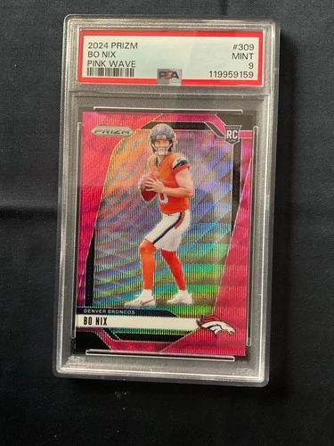 🔥2024 Panini Prizm Football Bo Nix Pink Wave Prizm RC #309 PSA 9🔥