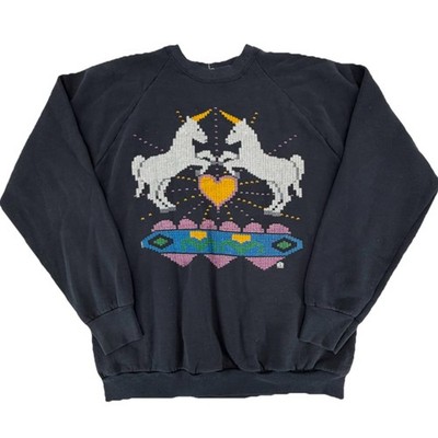 Vintage 1991 LSJ Maron Double Unicorn 8-Bit Heart Love Sweatshirt Size Large