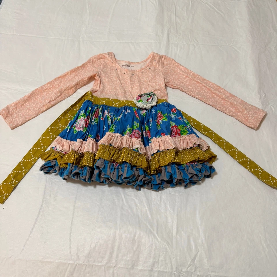 Vestido Giratorio Circular Pastel Mostaza Niñas Pequeñas Talla 4T Volantes Floral Rosa Azul Foto 3 de 4