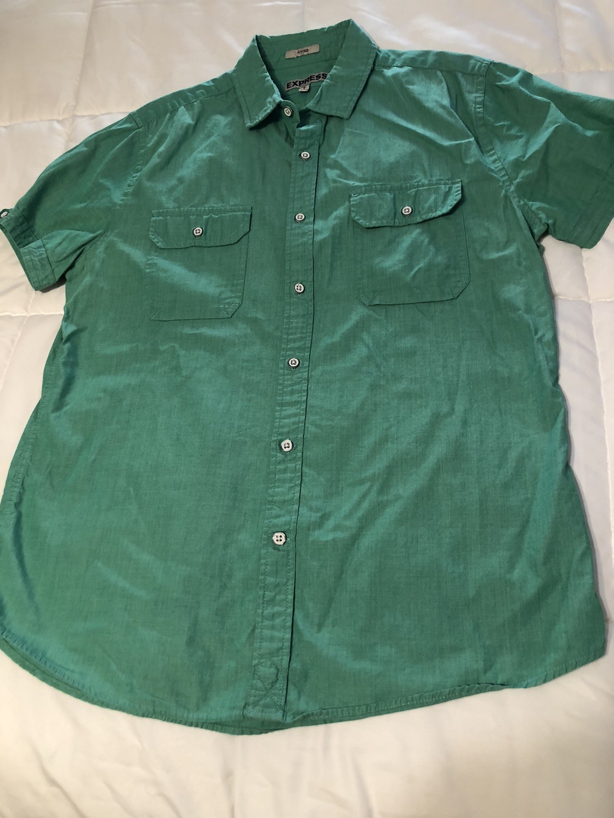 Express Green Fitted Button Down Short Sleeve Shi… - image 5