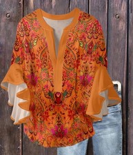 XL Orange Floral Bohemian Tunic Blouse with Ruffle 3/4 Sleeves for Women