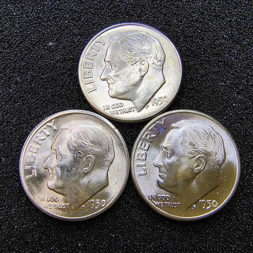 1950-P-D-S Roosevelt Dimes (3 Coins) - 90% Silver - BU Condition - Light Toning