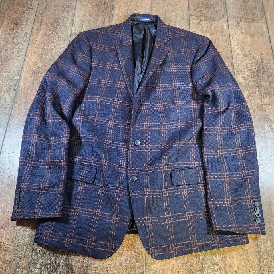 Blazer xadrez Stafford janela 42S fino azul marrom casaco esportivo terno jaqueta lã - Imagem 3 de 4