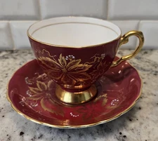 Vintage Tuscan Burgundy Red W/ Gold Leaves & Trim Cup & Saucer; England EUC