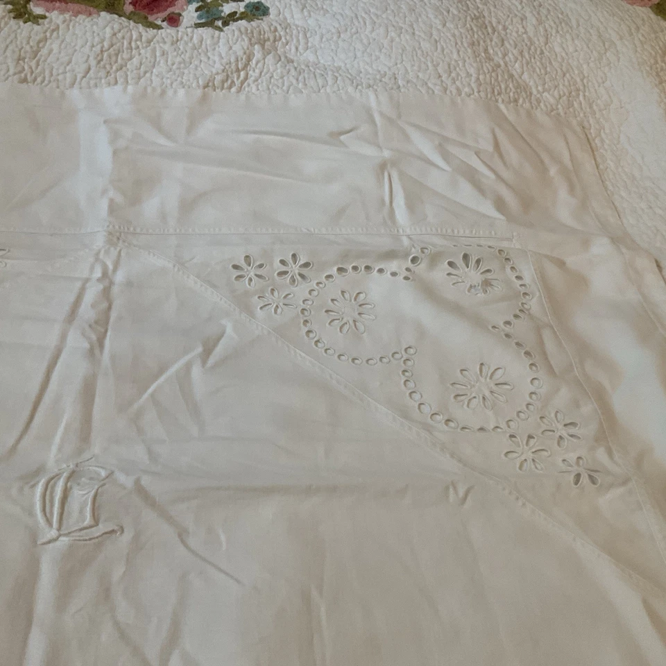 Beautiful Vintage Euro French Hand Embroidered Linen Pillow Sham 29x28  Mono LC - Image 3 of 4