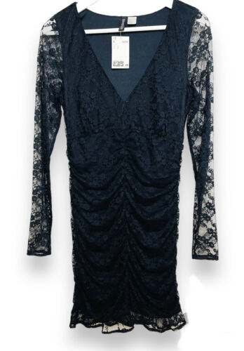 H&M Divided Dress Black Lace Bodycon Ruched Long Sleeve Sexy Party LBD Sz Small