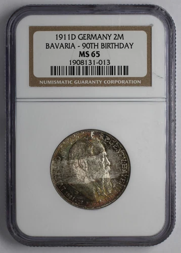 1911 D Germany Silver 2 Mark Bavaria 90th Birthday NGC MS 65