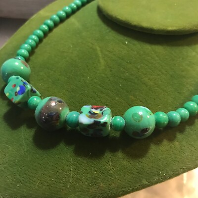 VINTAGE BLUE GAUDY CHUNKY Millefiori GLASS 16'' NECKLACE MRS ROPER!!