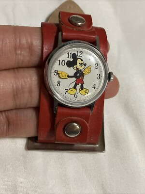 Vintage Mickey Mouse Wind up Watch with Wide Red Band 8.5
