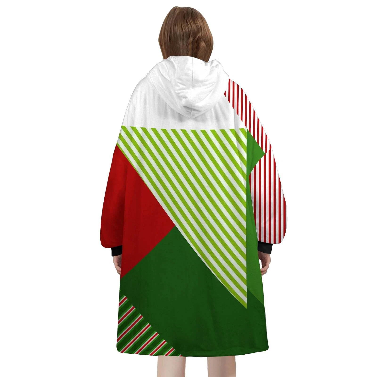 Personalized Blanket Hoodie, Red Green Striped Christmas Color Block Oversized