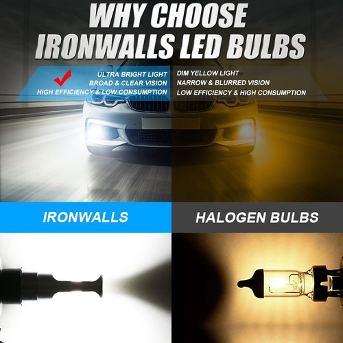 IRONWALLS H1 LED Bulbs Kit Headlight High/Low Beam 6500K White DRL Fog Lights 2x - Picture 4 of 12