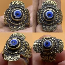 UNIQUE RARE ANCIENT BRASS PHOENICIAN ROMAN GLASS EYE RING 300BC