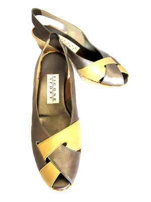 VTG PICONE SPORT SILVER/ GOLD LEATHR WEDGE Clogs Mules SLINGBACK ESPADRILLES  9M