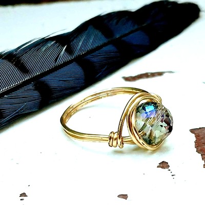 Multifaceted Glass Ring, Wire Wrapped, Gold, Size 6 Statement Boho 