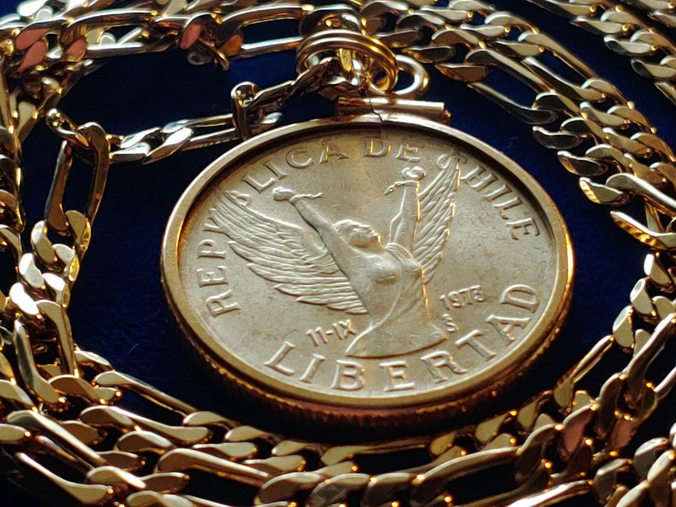 1973 Чили леди LIBERTAD свободы монета подвеска комплект на 24» 18KGF золото заполненное цепочка - Изображение 3 из 4