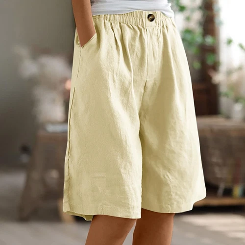 Pantalones cortos para mujer color liso bolsillo abotonado capris cintura elástica sueltos - Imagen 34 de 66
