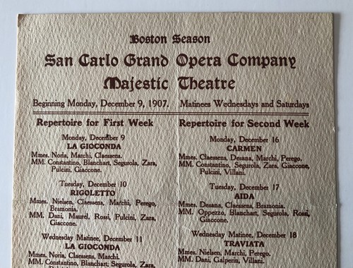 Antique 1907 Majestic Theatre Boston - San Carlo Grand Opera Company Schedule - Picture 2 of 3
